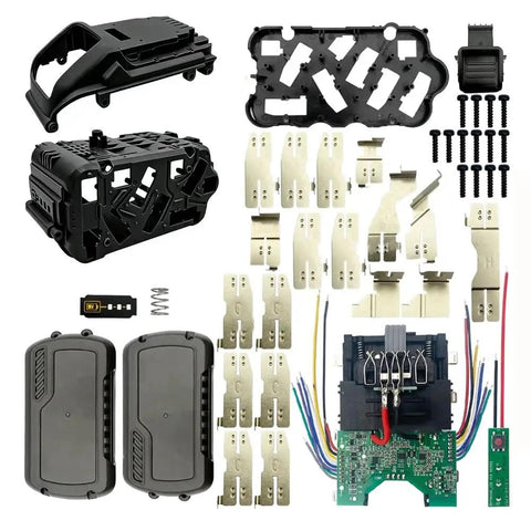 Real Deal 15 Cell 21700 Lithium Battery Case Storage Box With Smart Protection Board For 20V And 60V Power Tool components laid out.