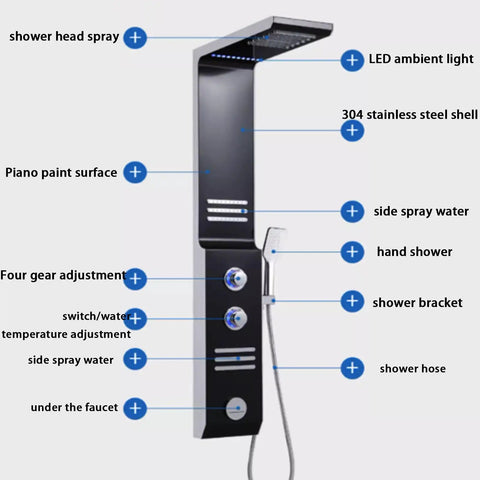 Ultra Slick Wall Mounted Bathroom Shower System Featuring Handheld Sprayer Led Ambient Light Four Position Wand Adjustments Breeze Setup Elevated Bath Vibes Premium White Finish with LED lights and stainless steel finish.