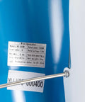 Close-up of label on Two Blade 100W Vertical Axis Wind Turbine Kit showing model NE-500W, blue and white finish.