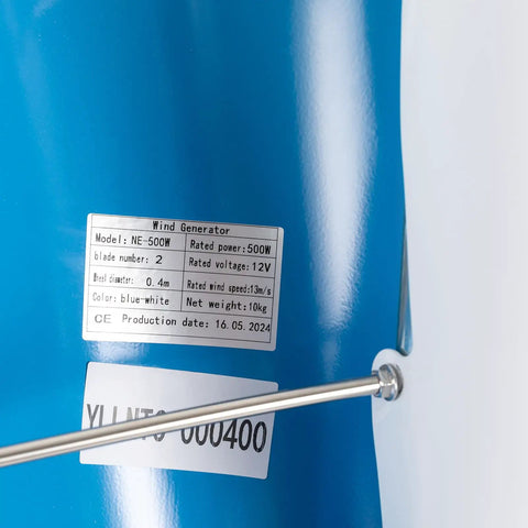 Close-up of label on Two Blade 100W Vertical Axis Wind Turbine Kit showing model NE-500W, blue and white finish.
