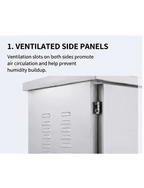 Rugged 304 Stainless Steel Outdoor Electrical Enclosure Waterproof Junction Box With Ventilated Side Panels All Weather IP Rated Corrosion Resistant Housing For Indoor And Outdoor Electrical Installations, side view