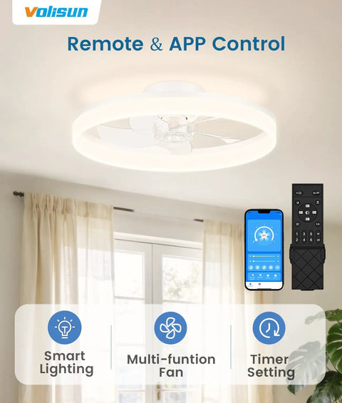 Low Profile 20 Inch Ceiling Fan With Lights And Remote, Smart Dimmable Led Fandelier Flush Mount For Bedroom, featuring app control and remote.