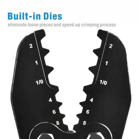 Close-up of Beefy Heavy Duty Battery Cable Lug Crimp Tool built-in dies for 8 AWG to 1/0 AWG copper or aluminum terminals