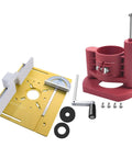 Precision Router Table Insert Plate With Heavy Duty Router Lift System And Durable Bakelite Fence Easy Mount Flip Gate Upgrade For Woodworking Shops, showing yellow plate and red router lift.