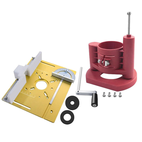Precision Router Table Insert Plate With Heavy Duty Router Lift System And Durable Bakelite Fence Easy Mount Flip Gate Upgrade For Woodworking Shops, showing yellow plate and red router lift.