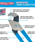 Channellock Nutbuster pliers with blue handles, highlighting features like laser heat-treated teeth and double tongue and groove design.