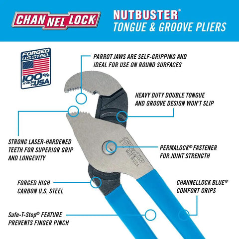 Channellock Nutbuster pliers with blue handles, highlighting features like laser heat-treated teeth and double tongue and groove design.