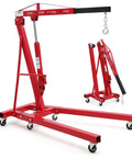 Heavy Duty Folding Hydraulic Engine Hoist Two Ton Portable Garage Cherry Picker with smooth rollaway casters and adjustable boom.