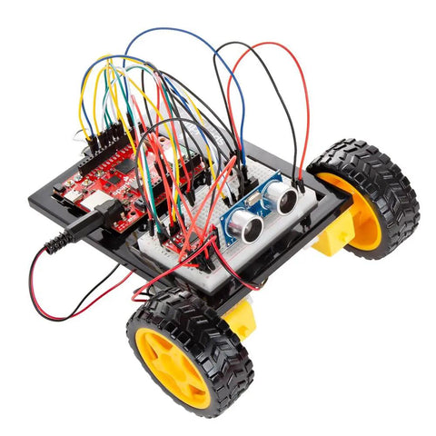 MicroPython Inventor Kit With RP2350 IoT RedBoard For Makers 5 Guided Projects And 16 Circuits With OLED Display Motors Sensors Robot Build And A Solderless STEM Kit For Hands On Learning, robot car with breadboard, wires, and ultrasonic sensor