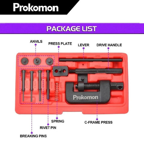 Front view of Prokomon 13-piece chain breaker tool kit in red case with rivet pins and C-frame press