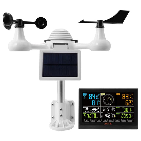 All In One WiFi Weather Station With 7 In 1 Sensor For Indoor Outdoor Use, 7.5 Inch Color Display, solar panel, anemometer, display screen