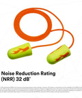 Close-up of orange corded green ear plugs with 32 dB rating, suitable for loud work environments. Background shows noise reduction details.