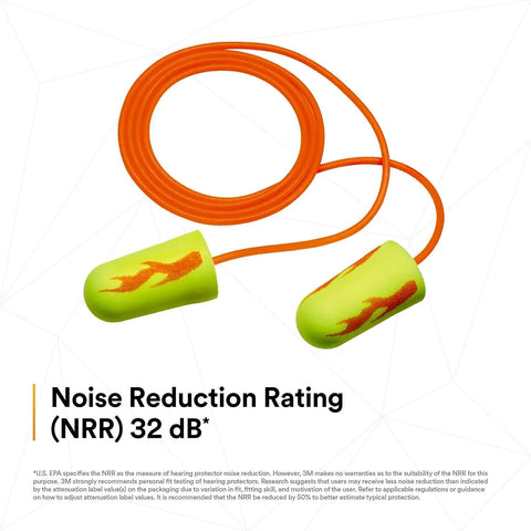 Close-up of orange corded green ear plugs with 32 dB rating, suitable for loud work environments. Background shows noise reduction details.