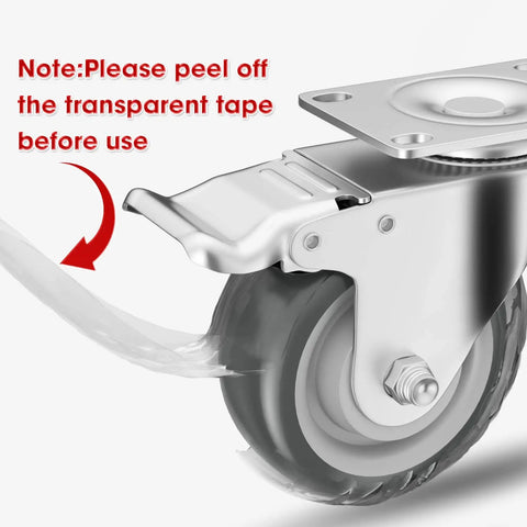 Close-up view of 3 Inch Heavy Duty Industrial Grade Caster Wheels Set Of 4 With Locking Swivel Brakes Top Plate Non Marking Grey TPR