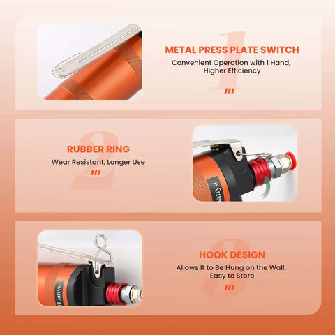 Beast Fast Pneumatic Wire Crimping Tool features metal press plate switch, rubber ring, and hook design for efficiency and storage.