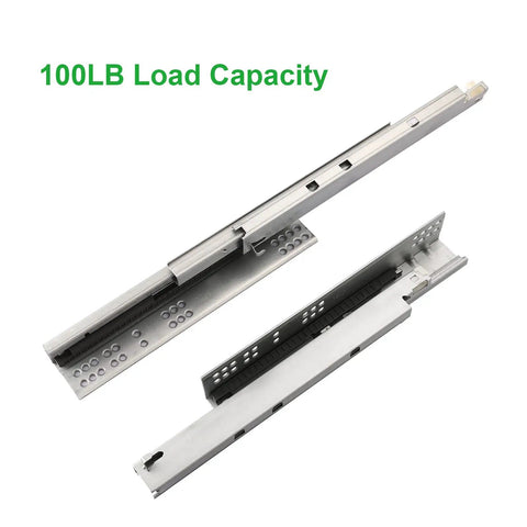 Super Smooth Dead Quiet Glide Heavy Duty Undermount Soft Close Drawer Slides Twenty Inch Full Extension Ball Bearing Rails close-up of 100LB load capacity steel rails.