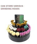 Tool Bit Holder And Mandrel Kit For Drill Bench showing organized grinding heads, Polishing Buffing Wheel Set, 65mm cup, 6.7 inch tray