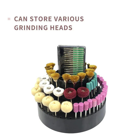 Tool Bit Holder And Mandrel Kit For Drill Bench showing organized grinding heads, Polishing Buffing Wheel Set, 65mm cup, 6.7 inch tray