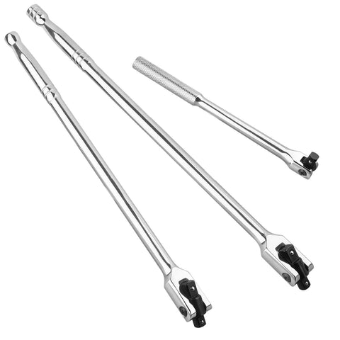 Beefy Three Piece Breaker Bar Set With Fifteen And Eighteen Inch Dual Drive One Half Inch And Three Eighth Inch Bars Plus A Ten Inch Short Bar