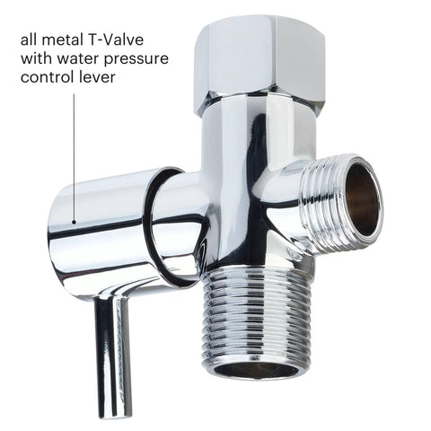 Chrome T-Valve for Handheld Toilet Bidet Sprayer With Precision Pressure Jet, CleanSpa Advanced Attachment shown in close-up