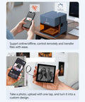 Person using Foldable Class 1 Laser Engraver With 1000mW 1064nm Infrared Laser Module controlled by app, showing engraving process.