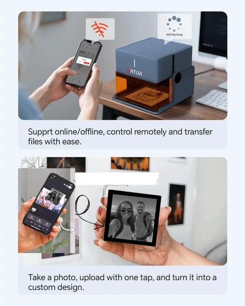 Person using Foldable Class 1 Laser Engraver With 1000mW 1064nm Infrared Laser Module controlled by app, showing engraving process.