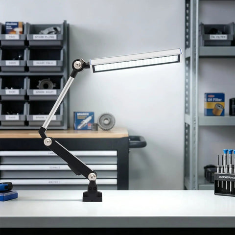 Heavy Duty 110V 16W LED Machine Work Light Featuring An Innovative 180 Degree Adjustable Bracket for CNC tasks in workshop.