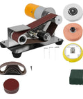 Compact Mini Electric Belt Sander Tool For DIY Polishing And Grinding with accessories including sanding belts and wheels.