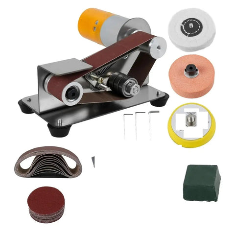 Compact Mini Electric Belt Sander Tool For DIY Polishing And Grinding with accessories including sanding belts and wheels.