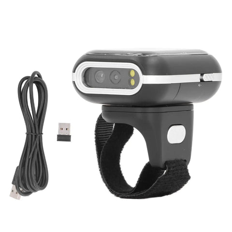 Finger Worn 2D Wireless Barcode Scanner Hands Free Reader for iOS with 500mAh battery, shown with USB cable and wrist strap.