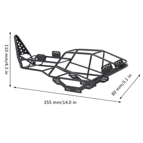 Heavy Duty RC Roll Cage Metal Frame For 1/10 Scale Crawler Trucks Full Tube Chassis Durable Black Metal Construction 355mm Length Fits Custom Builds And DIY Hobbyists Perfect For RC Crawler Projects. Side view showing measurements 355mm x 80mm x 110mm.