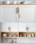 Six Pack Door Hasp And Latch Locks Set Three And One Half Inch Extra Thick Steel Hasp Clasp installed on white cabinets