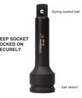 Three Quarter Inch Drive Impact Extension Bar Set In CR MO Steel With Black Oxide Finish Includes Four Inch Six Inch And Ten Inch Socket Extensions Spring Loaded Ball End Retains Sockets For Secure Fit And Heavy Duty Performance
