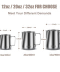 Milk Frothing Pitcher Set 12 Oz 20 Oz 32 Oz Stainless Steel Espresso Steaming Pitchers size comparison with measurements