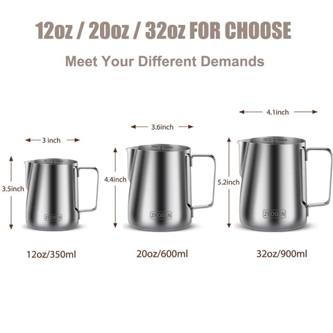 Milk Frothing Pitcher Set 12 Oz 20 Oz 32 Oz Stainless Steel Espresso Steaming Pitchers size comparison with measurements