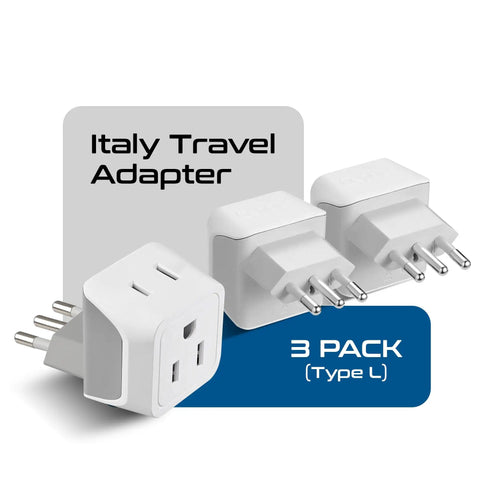 Italy And Chile Travel Plug Adapter Set With Type L Grounded Socket Dual USA Input Compact 3 Pack For Cell Phones, Laptops And Chargers Perfect For On The Go Travel, showing three white adapters.