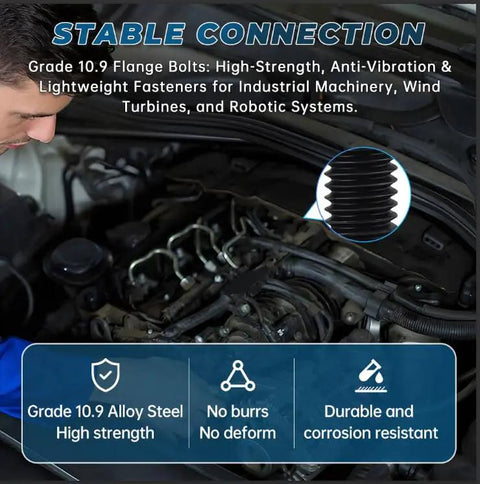 Mechanic working on engine with inset image of Beefy M10 Flanged Washer Head Hex Bolts 35mm Long Full Thread Set Of 10 10.9 Grade Alloy Steel Black Oxide Finish GB5789 Hex Drive 15mm Extra Large Washer Head Heavy Duty Screws.