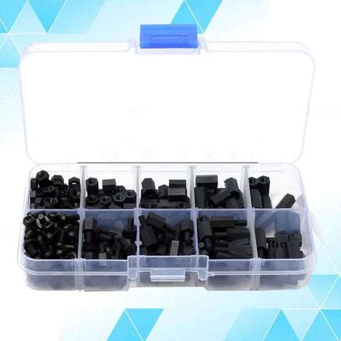 300-Piece Black Nylon Hex Spacer And Standoff Kit M3 Threaded Plastic Non-Conductive High Temperature Resistant Insulation Ready For DIY-Friendly Electronics Home Projects And Telecom Installations, assorted black hex spacers in plastic case
