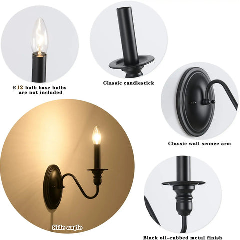 Black Wall Sconces Set Of Two Modern Farmhouse Candle Wall Lamps with matte finish, showcasing classic candlestick E12 bulb holder.