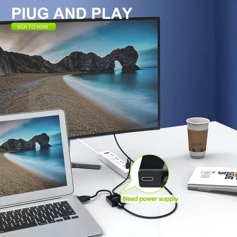 Desk setup with VGA To HDMI Converter Adapter For PC And Laptop 1080P HD Video With Audio No Fuss Plug And Play Audio Embedding Male