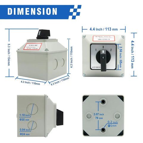 Dimensions of Beefy 40A Rotary Changeover Switch With Exterior Box 3 Position 3 Pole 12 Terminals IP65 Cam Box