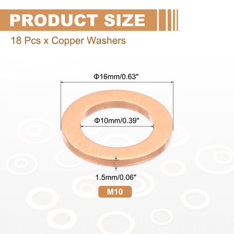 18 Piece M10 Copper Washers Set M10x16x1.5mm Copper Crush Washers size illustration