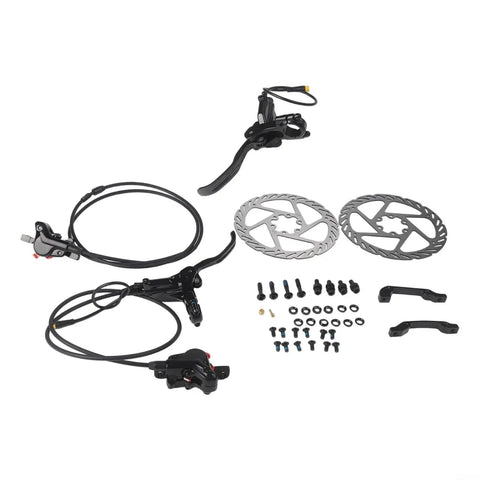 Sweet 3-Pin Hydraulic Brake Set Fits E-Bikes Like A Glove With 800mm Front And 1400mm Rear Hoses For Precise Control And Safety Cutoff Switches. Complete black e-bike hydraulic brake kit with levers, hoses, rotors, and hardware