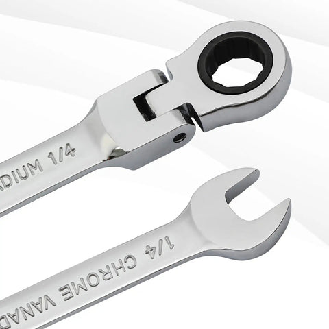 One Quarter Inch Flex Head Ratcheting Wrench With Open End And Box End, 72 Tooth, 12 Point, Industrial Grade Chrome Vanadium Steel