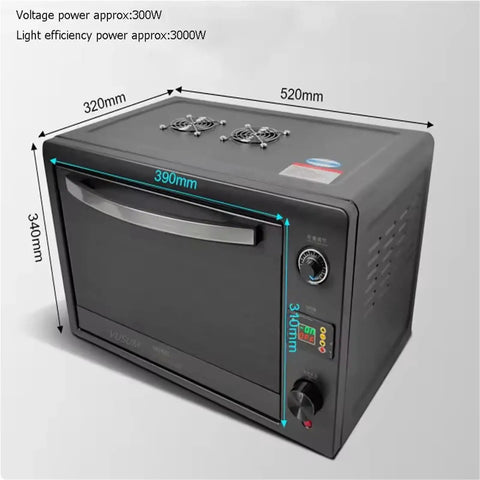 Heavy Duty No Mess Smooth Cure Uv Led Curing Lamp With 365nm 395nm 405nm Dials dimensions and features displayed on a curing oven.