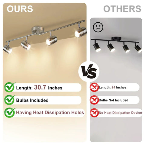 Comparison of our All In One LED Track Lighting Kit With 4 GU10 Bulbs and others showing size, bulb inclusion, and heat dissipation.