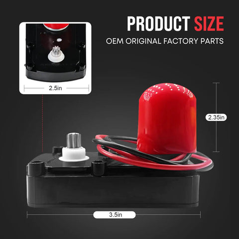 High Flow 1 Inch Water Softener Motor And Cam Gears Kit dimensions with red cap and wires, replacing multiple OEM parts