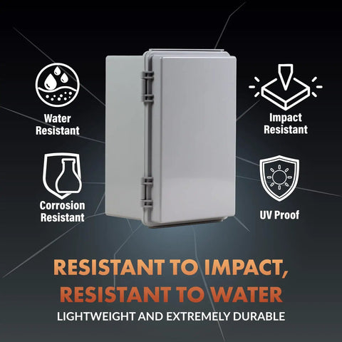 Outdoor Weatherproof Junction Box With Hinged Cover In Lightweight Polycarbonate NHWE M, NEMA 4X Rated Electrical Cabinet For Outdoor Wiring, Plugs, And Cables, Includes Cable Glands, Mounting Plate, UV And Rain Shield