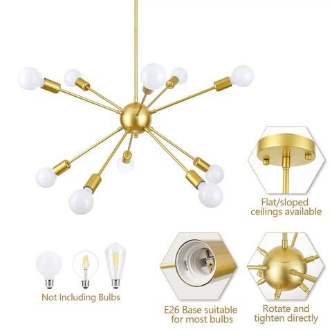 Gold Sputnik Pendant Light 10-Light Chandelier, Dope Modern Industrial Ceiling Fixture With Adjustable Height Rods, shown in detail.