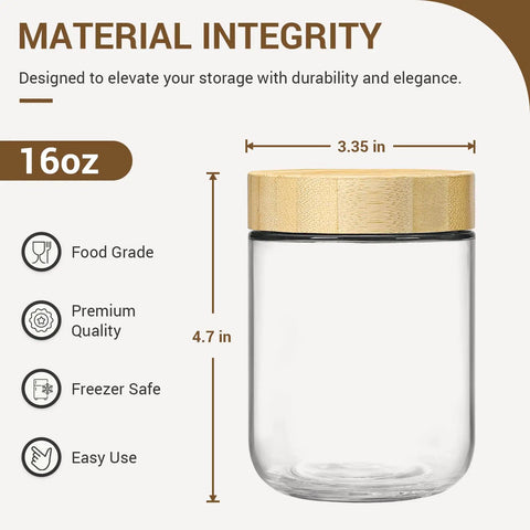 16 oz glass jar with airtight bamboo lid; features food grade, premium quality; part of four pack 16 oz glass jars with airtight lids and bamboo lids for overnight oats meal prep and grab and go snacks yogurt spices sugar and more wide mouth mason jars